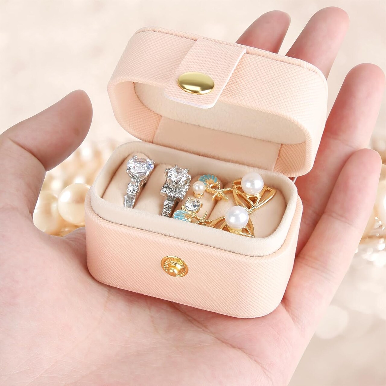 Compact Travel Jewelry Organizer for Rings and Stud Earrings, Elegant Mini Ring Holder with Portable Storage Case in Pink